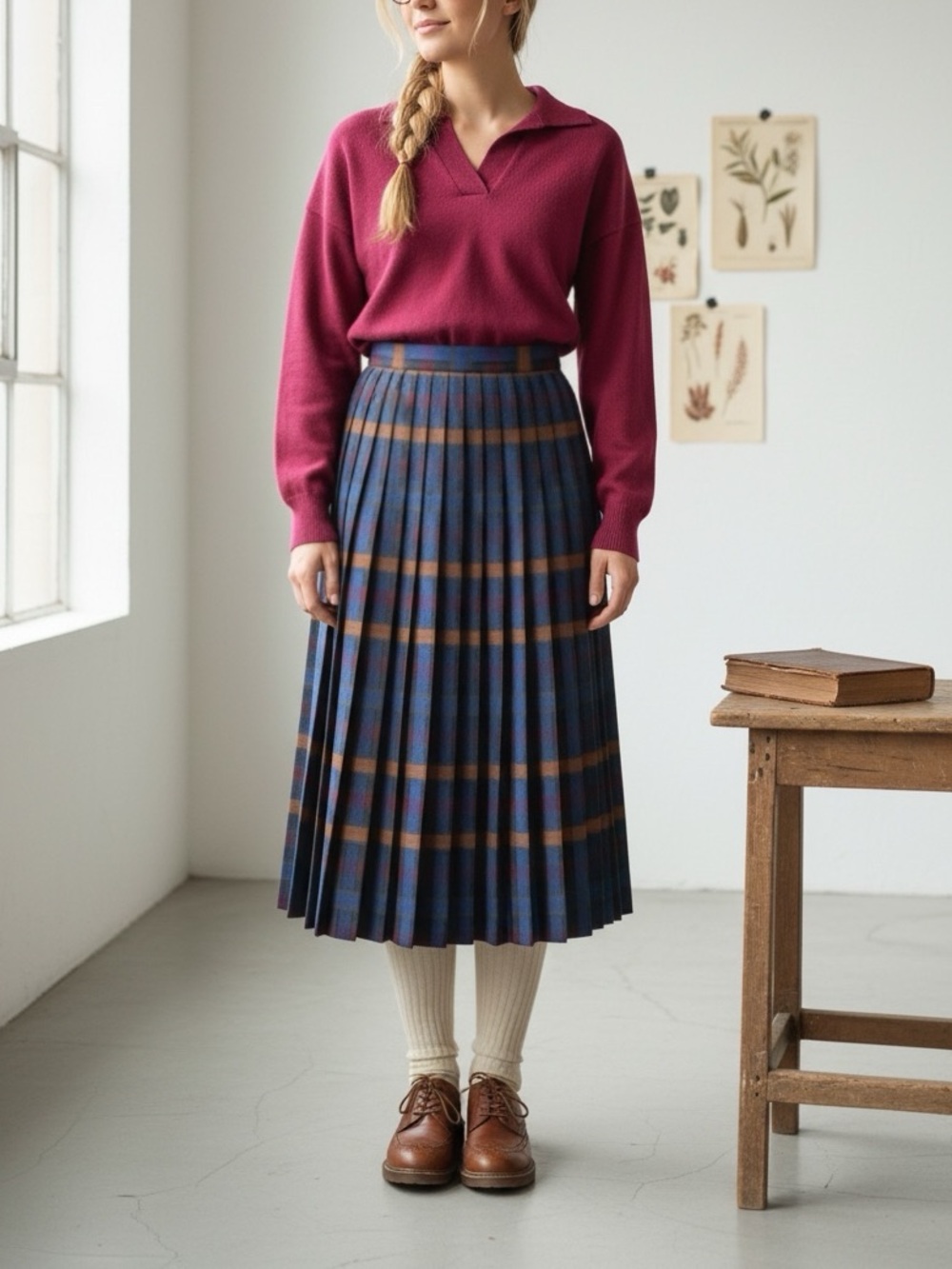 Vintage 100% Wool Plaid Pleated Midi Skirt | Blue & Burgundy Tartan Sz 6 Fall